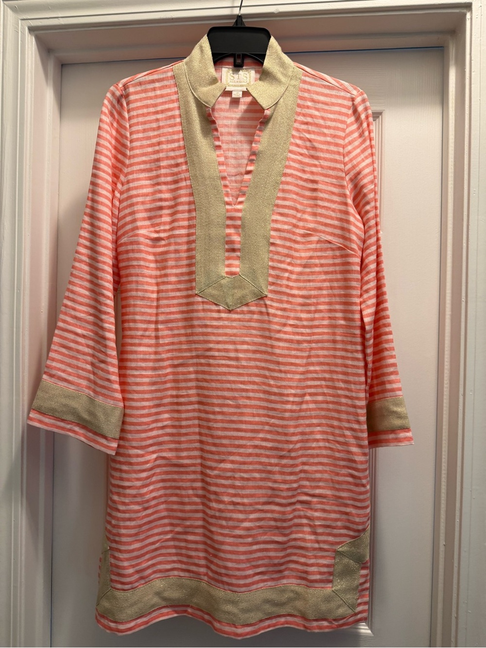 Sail to Sable Coral and White Striped Top with Metallic Gold Collar